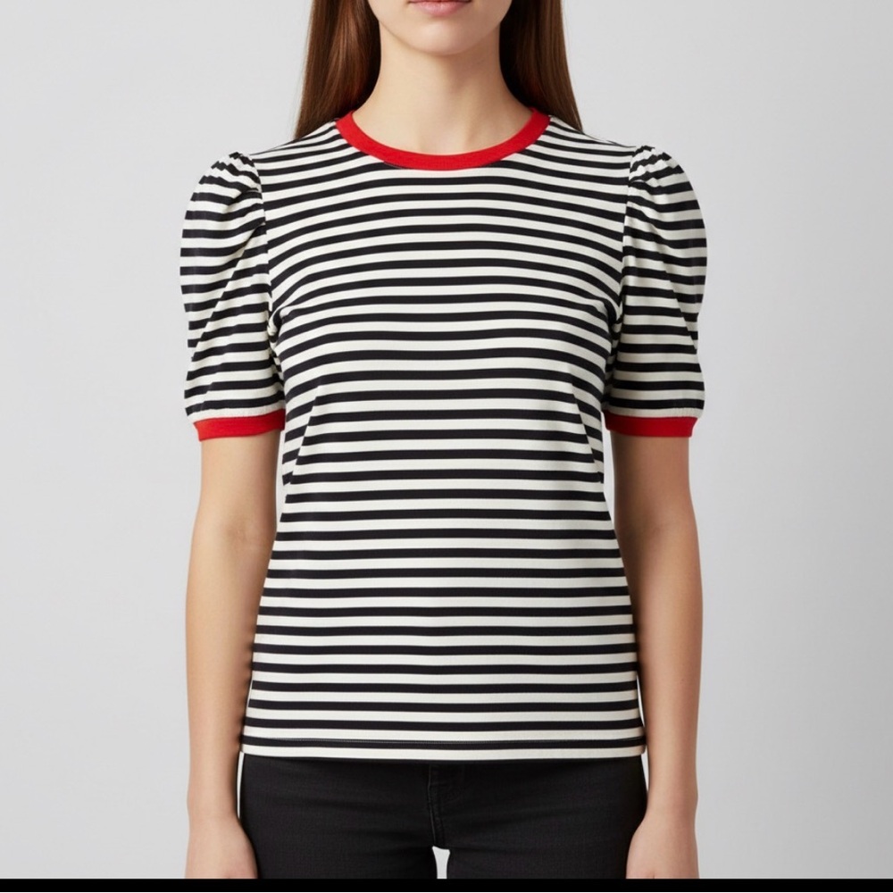 +5/$25 part of bundle package. Navy and White Striped Tee with Red Accents